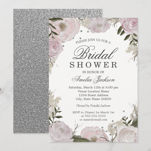 Invitación Espuma rosa plateada Floral Bridal Shower (Anverso / Reverso)