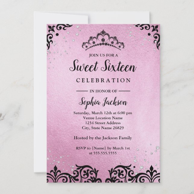 Invitación Espuma rosa Tiara Damask Dulce Dieciséis (Anverso)
