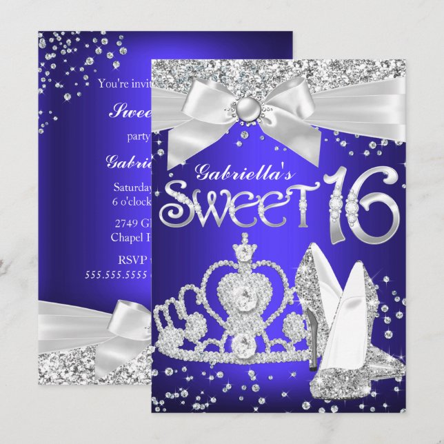 Invitación Espuma Tiara & Heels Sweet 16 Royal Blue púrpura (Anverso / Reverso)