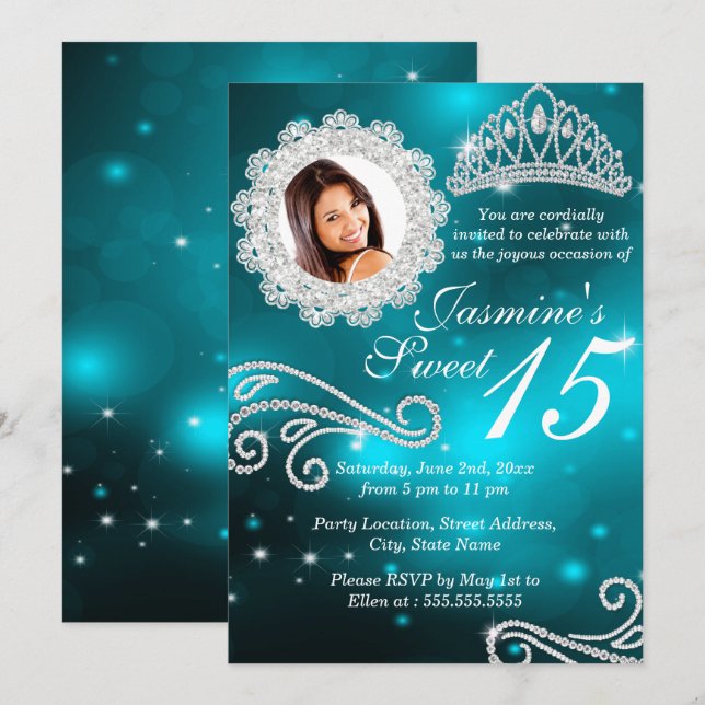 Invitación Espuma verde azulada Diamante Tiara Foto Quinceane (Anverso / Reverso)