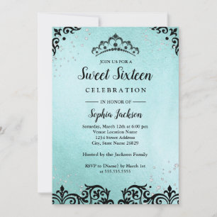 Invitación Espuma verde azulada Tiara Damask Dulce Dieciséis