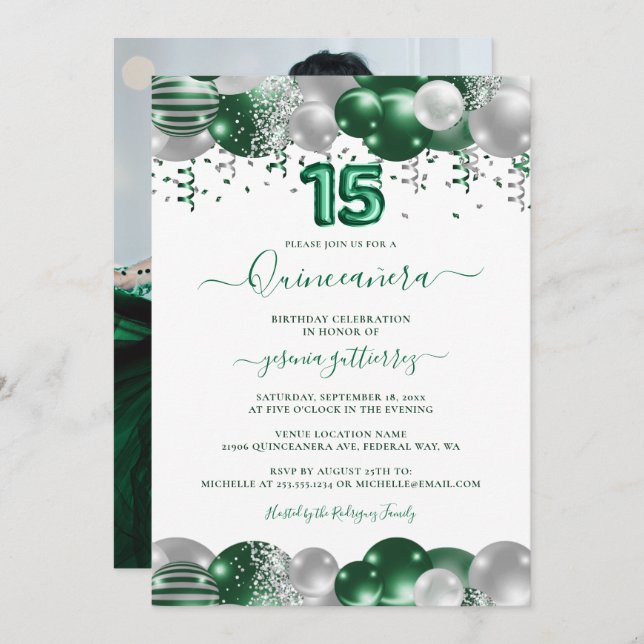 Invitación Espuma verde blanca foto globo Quinceañera (Anverso / Reverso)