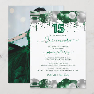 Invitación Espuma verde blanca foto globo Quinceañera