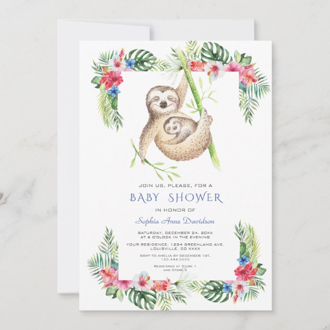 Invitación Espumas cortas Flores tropicales Marco Baby Shower (Anverso)