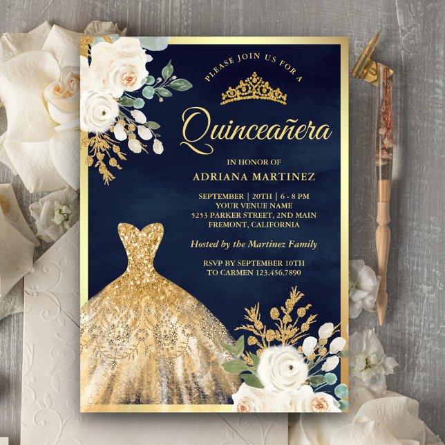 Invitación Espumosa marina floral de marfil de bata dorada Qu (Subido por el creador)