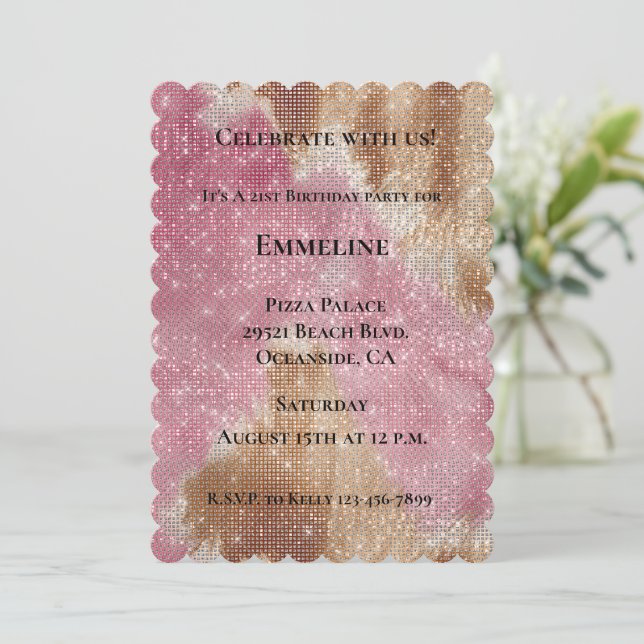 Invitación Espumosa Piel de vaca de vaca dorada de crema rosa (Anverso de pie)
