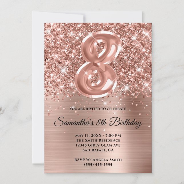 Invitación Espumosamente Purpurinoso Rosa Glam Oro 8 cumpleañ (Anverso)
