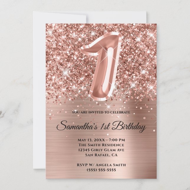 Invitación Espumosamente Purpurinoso Rosa Glam Oro Primer cum (Anverso)
