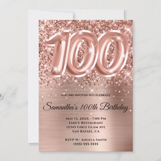Invitación Espumosamente Purpurinoso Rosa Gold Glam 100 cumpl (Anverso)