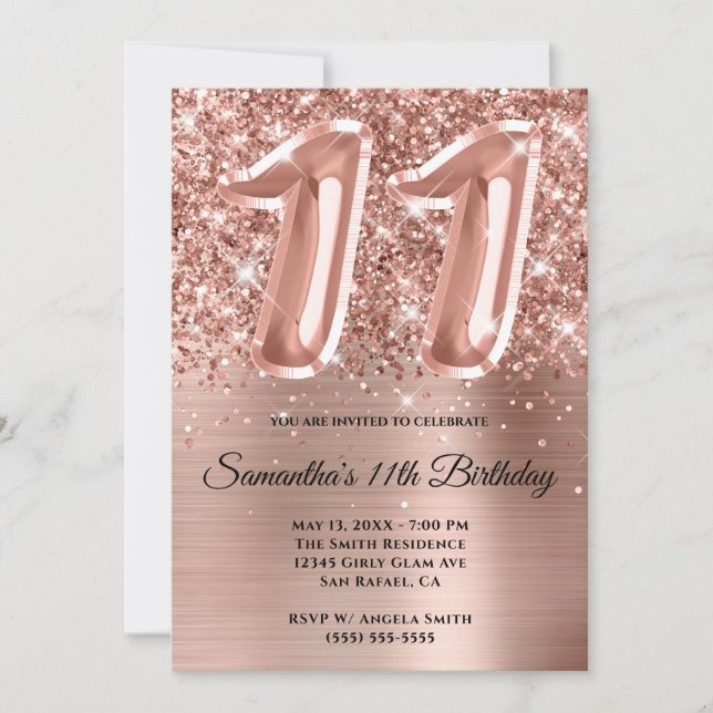 Invitación Espumosamente Purpurinoso Rosa Gold Glam 11º cumpl (Anverso)