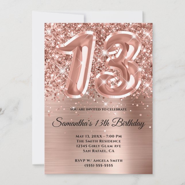 Invitación Espumosamente Purpurinoso Rosa Gold Glam 13 cumple (Anverso)