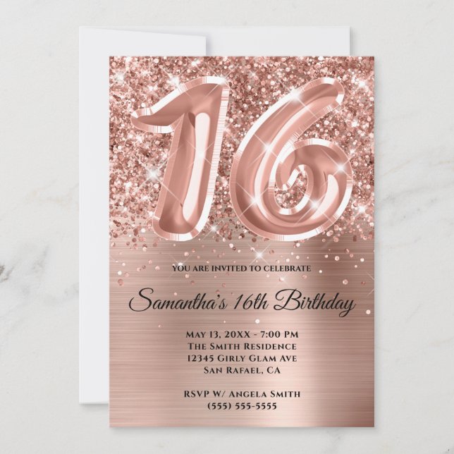 Invitación Espumosamente Purpurinoso Rosa Gold Glam 16th Birt (Anverso)