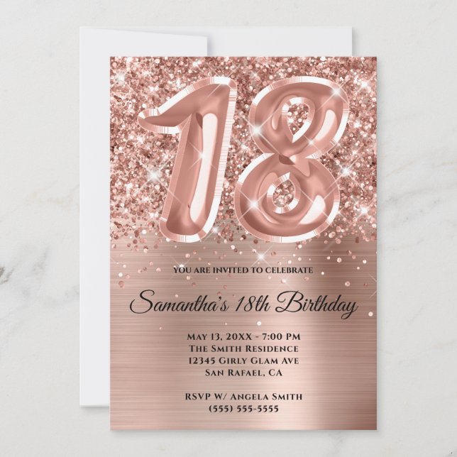 Invitación Espumosamente Purpurinoso Rosa Gold Glam 18º cumpl (Anverso)
