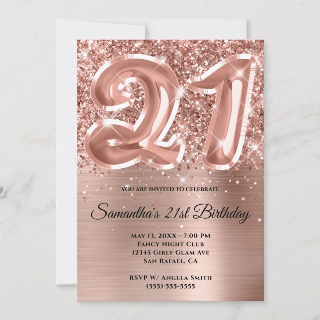 Invitación Espumosamente Purpurinoso Rosa Gold Glam 21º cumpl (Anverso)
