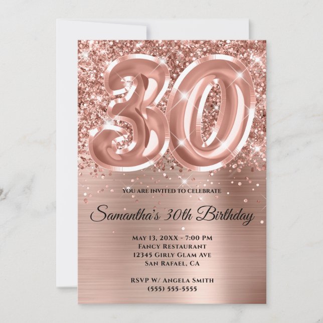 Invitación Espumosamente Purpurinoso Rosa Gold Glam 30 cumple (Anverso)