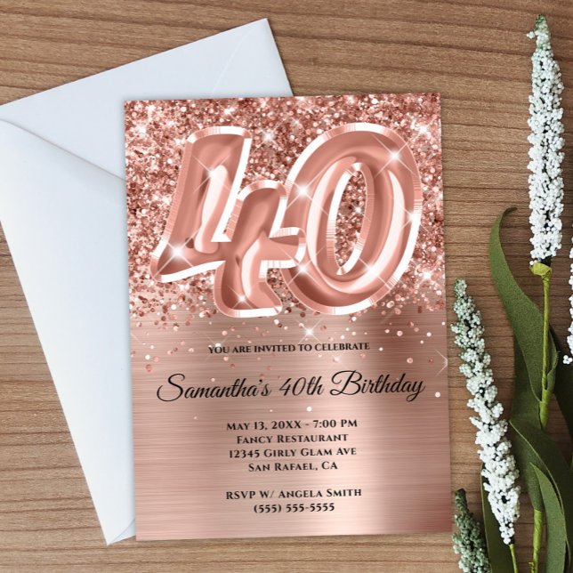 Invitación Espumosamente Purpurinoso Rosa Gold Glam 40th Birt (Create your own rose gold 40th birthday invitation.)
