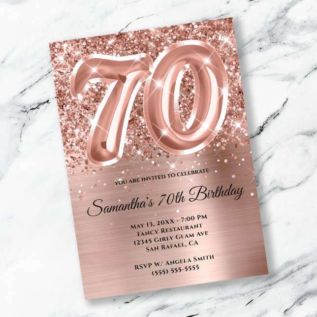 Invitación Espumosamente Purpurinoso Rosa Gold Glam 70 cumple (Subido por el creador)