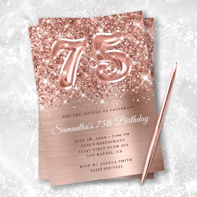 Invitación Espumosamente Purpurinoso Rosa Gold Glam 75 cumple (Subido por el creador)