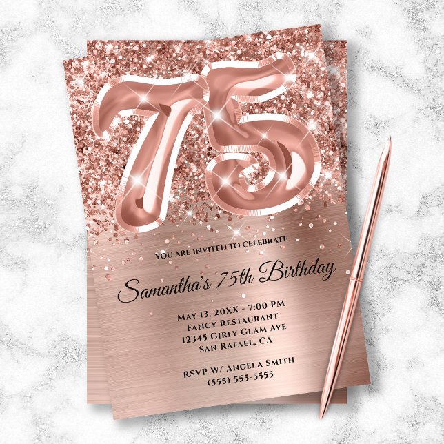 Invitación Espumosamente Purpurinoso Rosa Gold Glam 75 cumple (Subido por el creador)