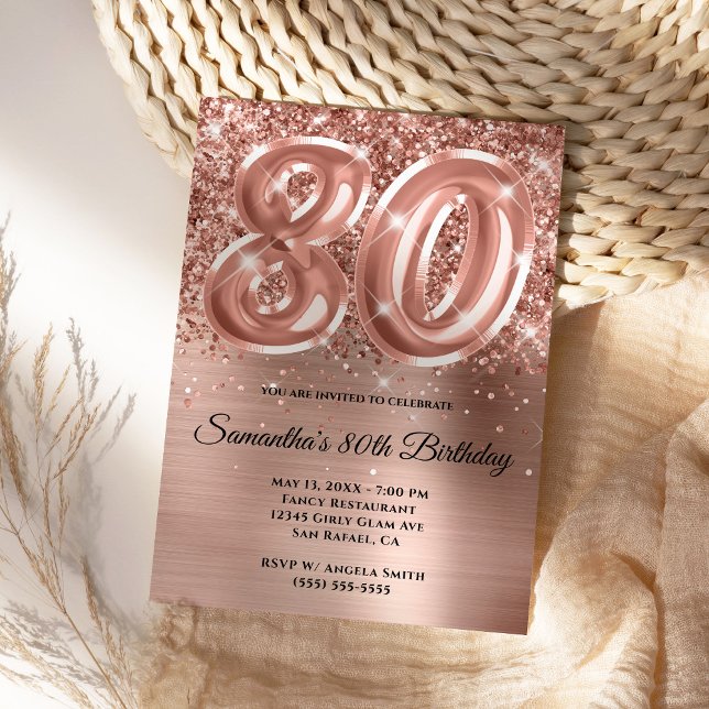 Invitación Espumosamente Purpurinoso Rosa Gold Glam 80 cumple (Rose Gold Glam 80th Milestone Celebration Invite)