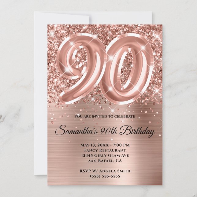 Invitación Espumosamente Purpurinoso Rosa Gold Glam 90 cumple (Anverso)