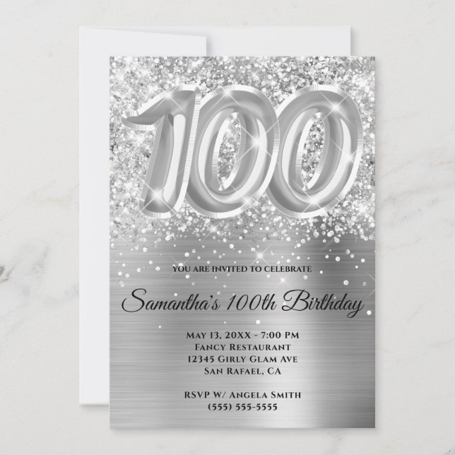 Invitación Espumosamente Purpurinoso Silver Glam 100 cumpleañ (Anverso)