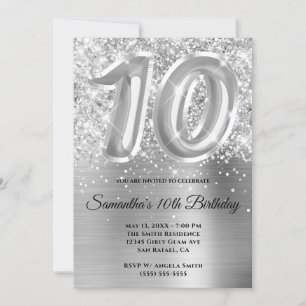 Invitación Espumosamente Purpurinoso Silver Glam 10 cumpleaño
