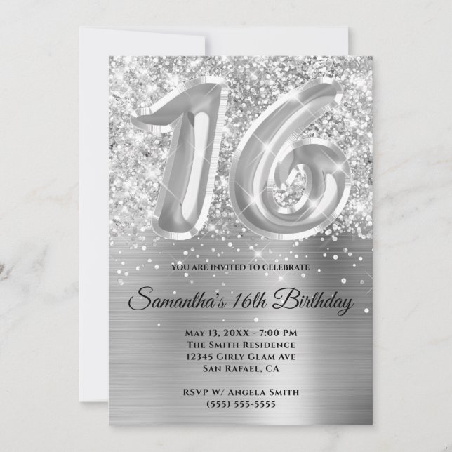 Invitación Espumosamente Purpurinoso Silver Glam 16º cumpleañ (Anverso)
