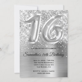 Invitación Espumosamente Purpurinoso Silver Glam 16º cumpleañ