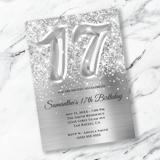 Invitación Espumosamente Purpurinoso Silver Glam 17 cumpleaño (Subido por el creador)