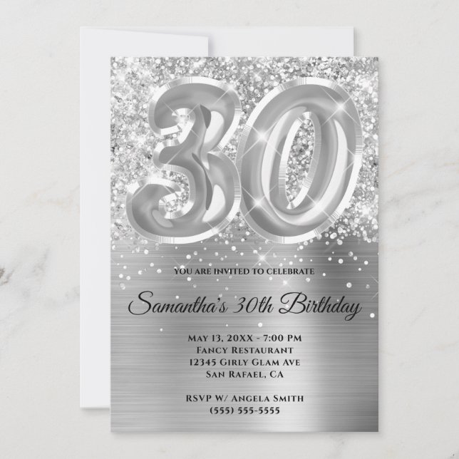 Invitación Espumosamente Purpurinoso Silver Glam 30 cumpleaño (Anverso)