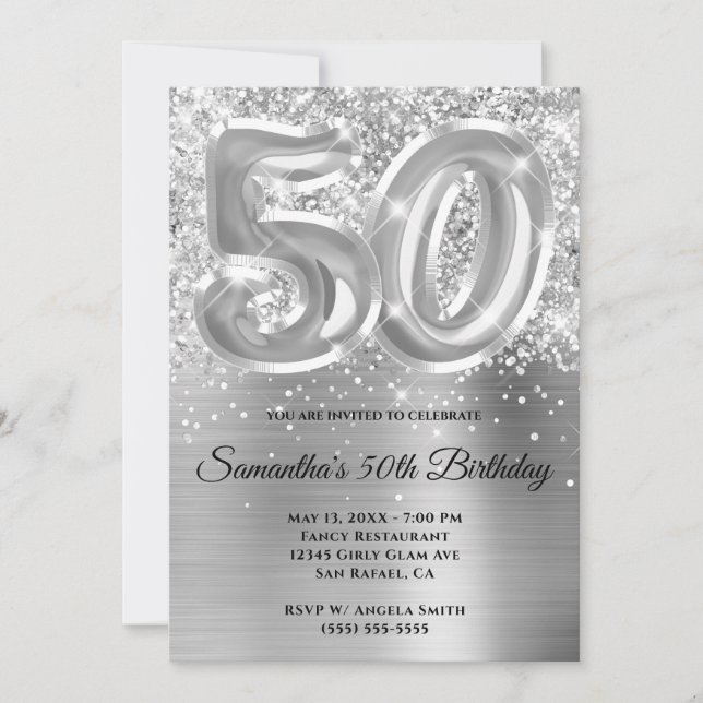 Invitación Espumosamente Purpurinoso Silver Glam 50 cumpleaño (Anverso)