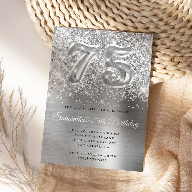 Invitación Espumosamente Purpurinoso Silver Glam 75º cumpleañ (Create your own silvery 75th milestone birthday invite.)