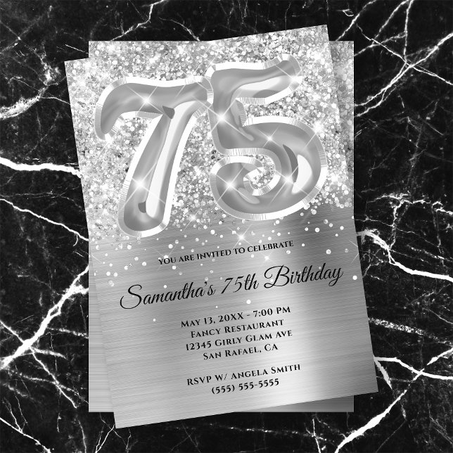 Invitación Espumosamente Purpurinoso Silver Glam 75º cumpleañ (Subido por el creador)