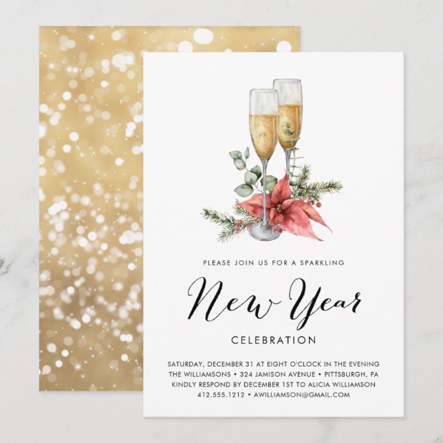 Invitación Espumoso Fiesta de Año Nuevo con champagne y Green (Anverso / Reverso)