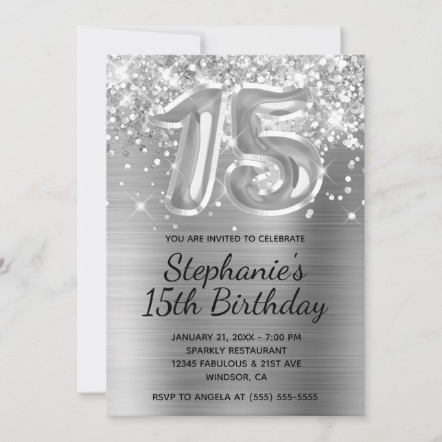 Invitación Espumoso Purpurina de plata globo 15º cumpleaños (Anverso)