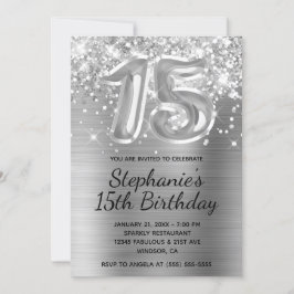 Invitación Espumoso Purpurina de plata globo 15º cumpleaños