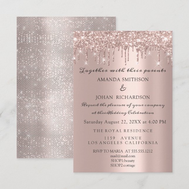 Invitación Espumoso Purpurina Rosa Oro Elegante Boda Engageme (Anverso / Reverso)