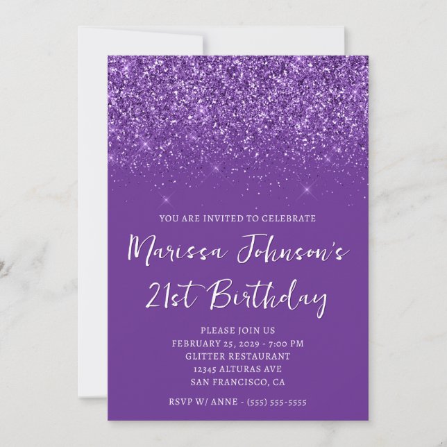 Invitación Espumoso Purpurinoso Royal Purple 21º cumpleaños (Anverso)