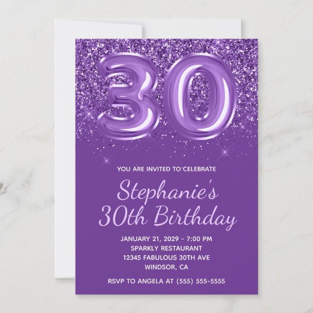 Invitación Espumoso Purpurinoso Royal Purple Número 30 Cumple (Anverso)