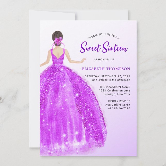 Invitación Espumoso Vestido Púrpura Ombre Dulce 16 Cumpleaños (Anverso)