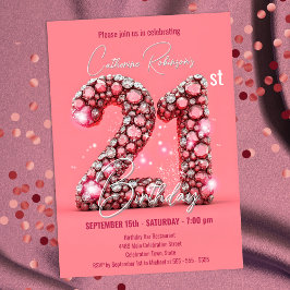 Invitación Espumosos guijarros rosados y plateados 21º cumple