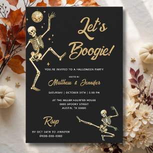 Invitación Esqueleto bailando Disco de Oro Fiesta de Hallowee