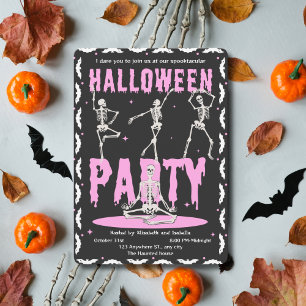 Invitación Esqueleto Bailando Retro Fiesta de Halloween Rosa+