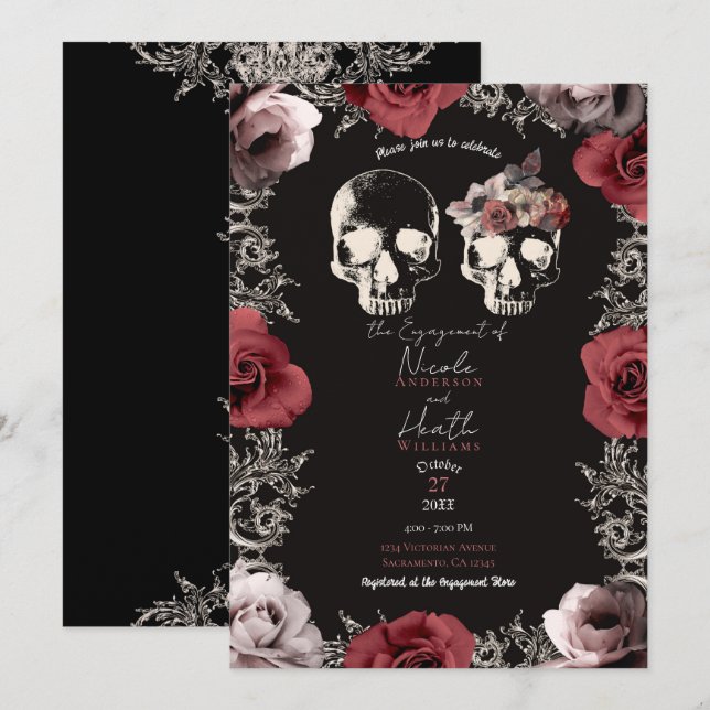 Invitación Esqueleto Calavera Rosa Polvo Mauve Rosa Gótico Co (Anverso / Reverso)