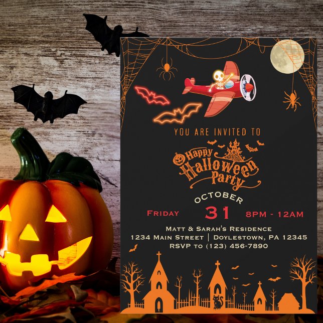 Invitación Esqueleto Caprichoso Volando Avión Fiesta de Hallo (front)