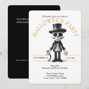 INVITACIÓN ESQUELETO CON SOMBRERO DE CINTA PARTY DE HALLOWEEN