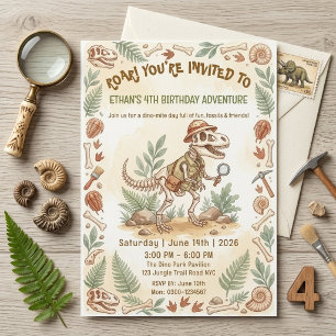 Invitación Esqueleto de Dinosaurio Paleontólogo Niño Cumpleañ
