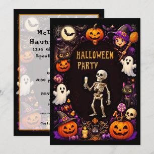Invitación Esqueleto de fiesta de Halloween con copa de champ