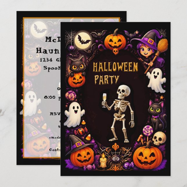 Invitación Esqueleto de fiesta de Halloween con copa de champ (Anverso / Reverso)